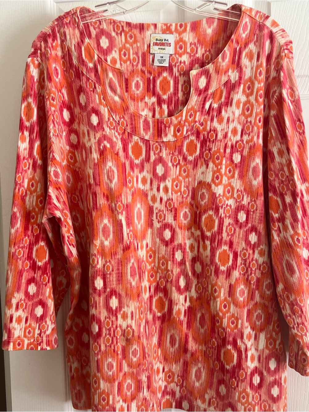 Ruby Rd. Pink and Orange Ikat Scoop Neck Top